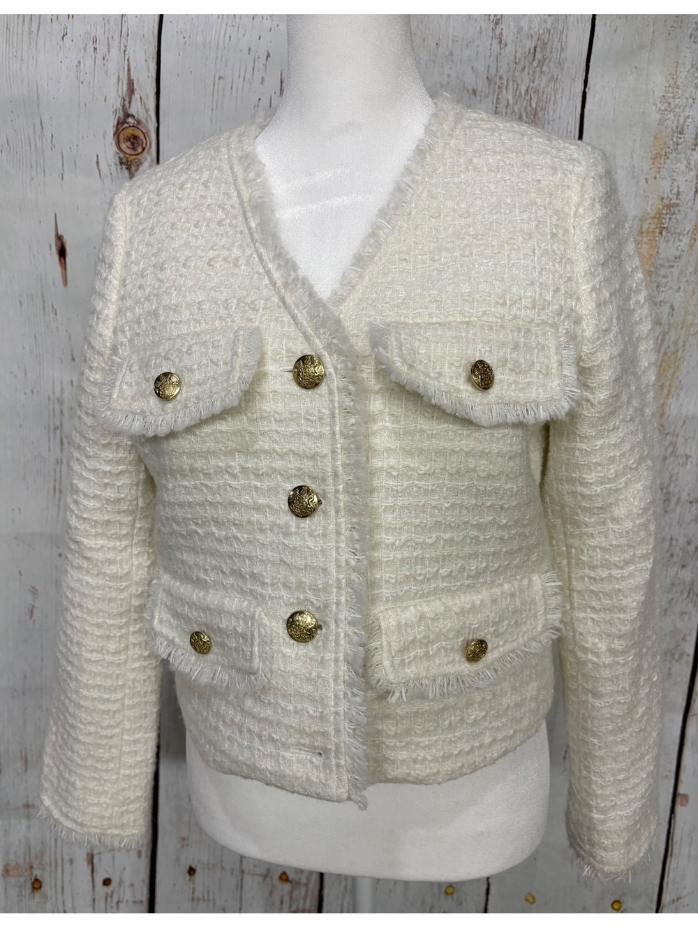 J.Crew Women's Ivory Tweed Textured Wool Blend Cropped Fringed Jacket Size 4P